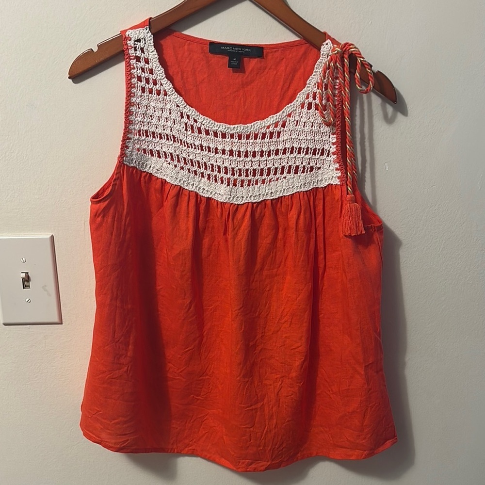 Andrew Marc Orange Tank Top with White Crochet Detail